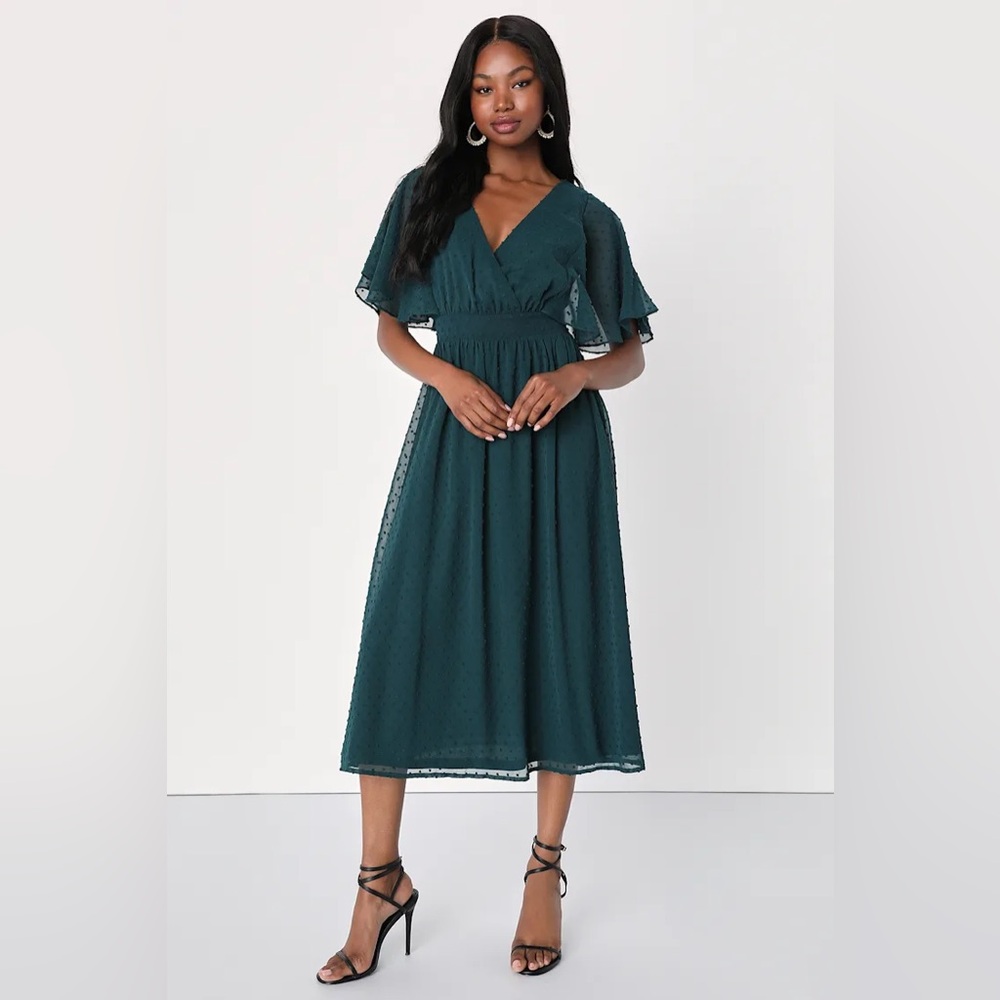 Lulus‎ Transcendent Class Emerald Swiss Dot Flutter Sleeve Midi Dress S